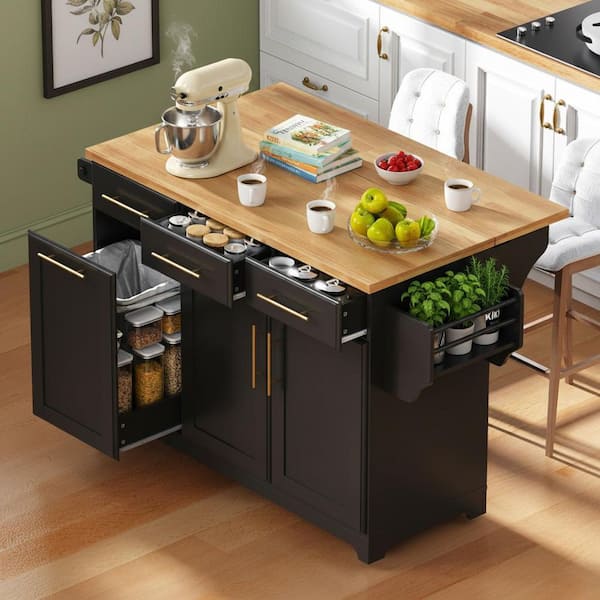 Cesicia Farmhouse Black Wood 59.3 in. Drop Leaf Power Outlet Kitchen Island with Trash Can Storage and 2 Pull Out Organizers