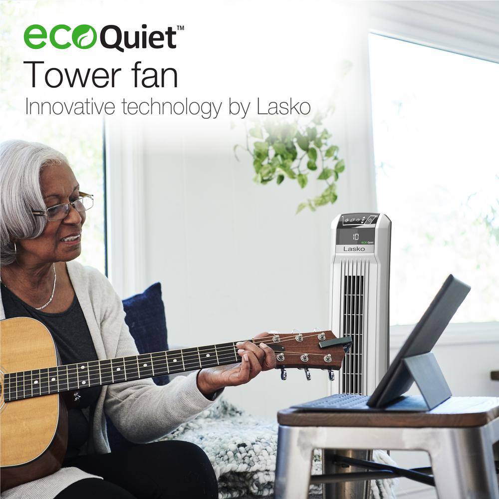 White EcoQuiet Oscillating Tower Fan with Remote Control
