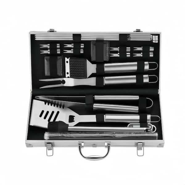 Stainless Steel BBQ Grill Tools Set with Thermometer and 2 Grill Mats for Backyard, Outdoor, Camping and Gift (23-Pack)