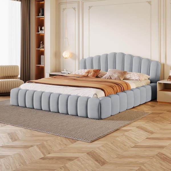 Velvet Upholstered Light Blue Wood Frame Queen Platform Bed with Shell-Shaped Headboard