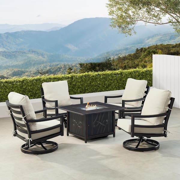 Oakland Living Black 6-Piece Aluminum Patio Fire Pit with 4-Club Chairs Light Grey Cushions