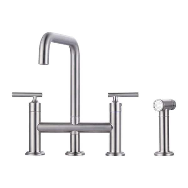 Minimalist Double Handle Bridge Kitchen Faucet with 27.5 in. Side Spray in Brushed Nickel