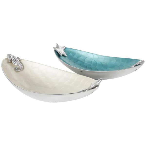 Litton Lane Multi Colored Aluminum Metal Sea Life Enameled Boat Shaped Decorative Bowl with Starfish and Seahorse Accents (Set of 2)
