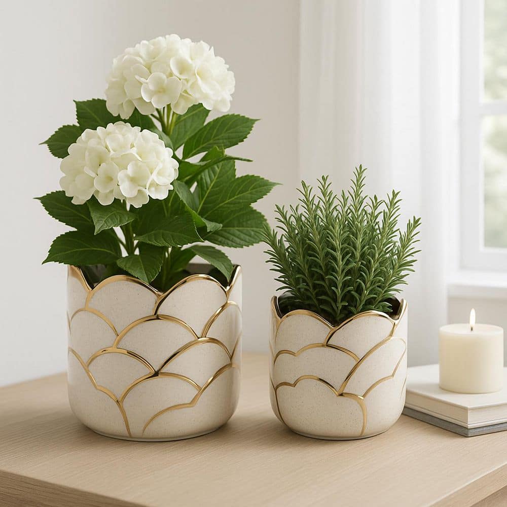 6 in. and 7 in. Gold Ceramic Round Clouds Decorative Pots (Set of 2)
