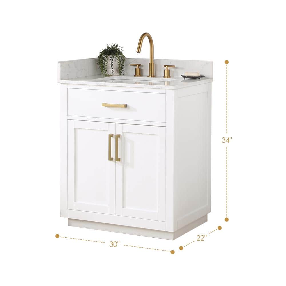 Gavino 30" White Solid Wood Bathroom Vanity with Gold Hardware