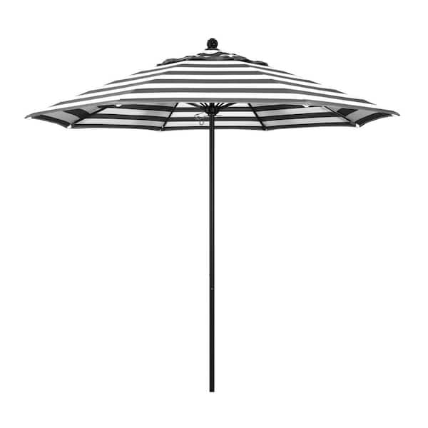California Umbrella 9 ft. Black Aluminum Commercial Market Patio Umbrella with Fiberglass Ribs and Push Lift in Cabana Classic Sunbrella