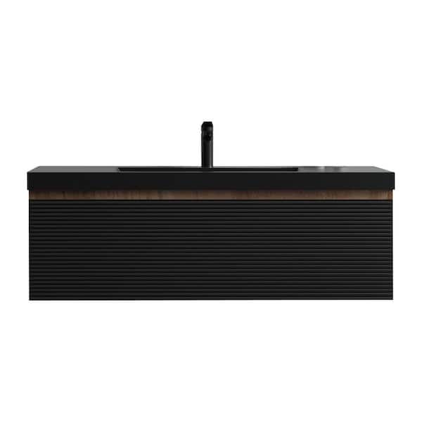 Crius 48 in. Single Ink Black Bath Vanity Wall-Mounted Floating Vanities with Matte Black Resin Stone Top 1-Drawers