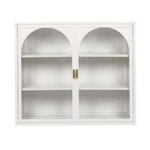 27.56 in. White Glass 2-Door 2-Shelf Wall Cabinet with 3-Tier Storage and Woven Pattern for Bathroom, Kitchen