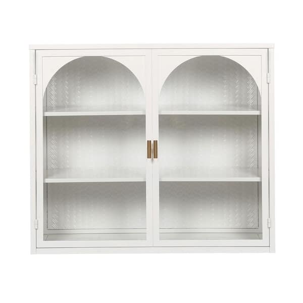FUNKOL 27.56 in. White Glass 2-Door 2-Shelf Wall Cabinet with 3-Tier Storage and Woven Pattern for Bathroom, Kitchen