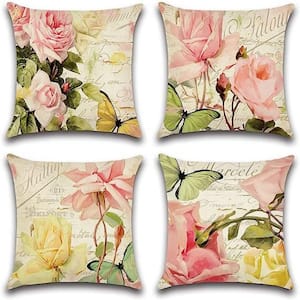 Outdoor Set of 4 Waterproof Throw Pillow Covers 18x18 Inches, Pink Roses and Butterfly Pattern Decorative Cushion Covers