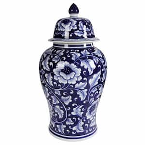 Bold Floral Blue and White Finish Ceramic Impressive Jar with Lid