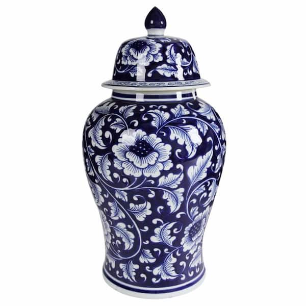 Benzara Bold Floral Blue and White Finish Ceramic Impressive Jar with Lid