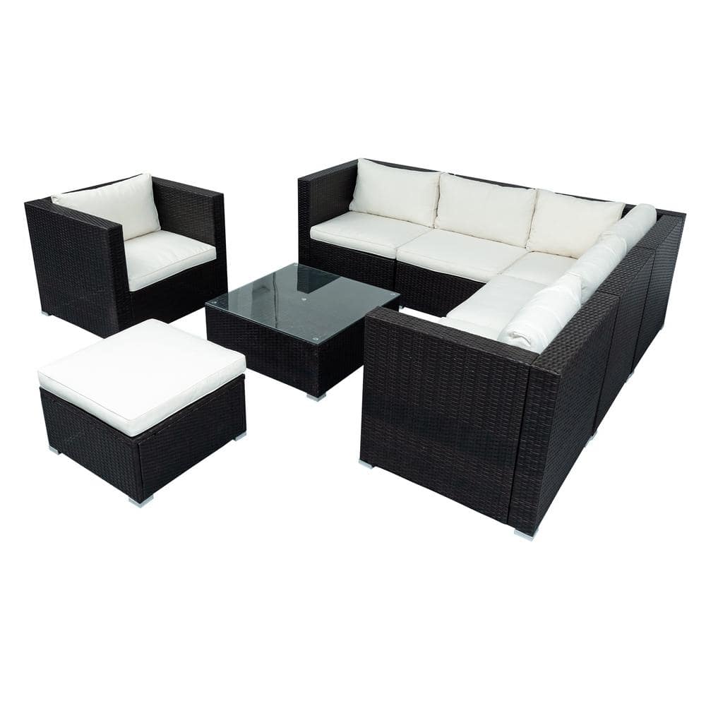 Elegant 8-Piece Wicker Patio Conversation Set with Beige Cushions
