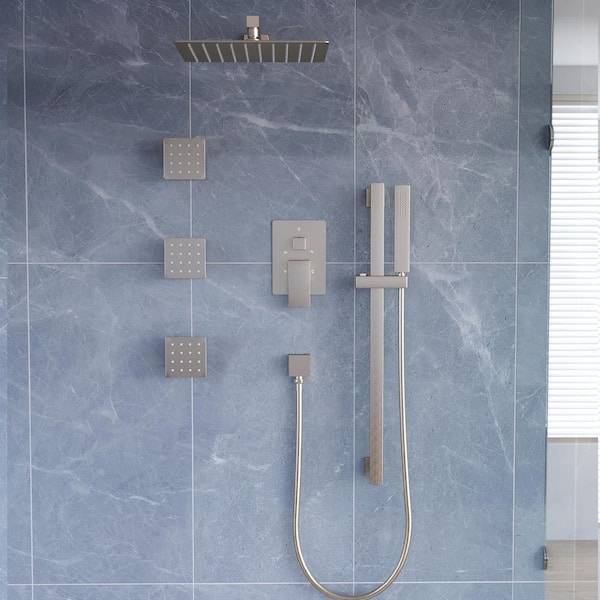 WELLFOR 3-Spray Wall Bar Shower Kit with Hand Shower in Brushed Nickel with 3 Jets, 11.81 in. Rain Shower Head, Valve Included