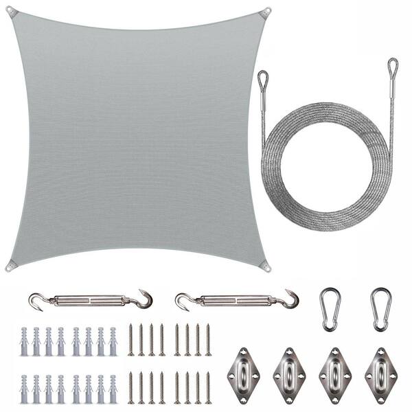 Super Ring 24 ft. x 24 ft. Sun Shade Sail with Hardware Kit and Cables-Grey