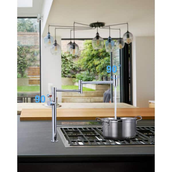 Solid Brass Deck Mount Pot Filler Faucet, Pot Filler with Stretchable Double Joint Swing Arm in Polished Chrome