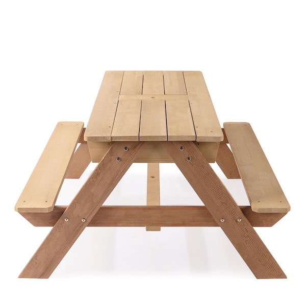 Unbranded 37 in. 3-in-1 Kids Light Brown Rectangle Solid Wood Frame Picnic Table with Umbrella Hole and Convertible Sand and Water