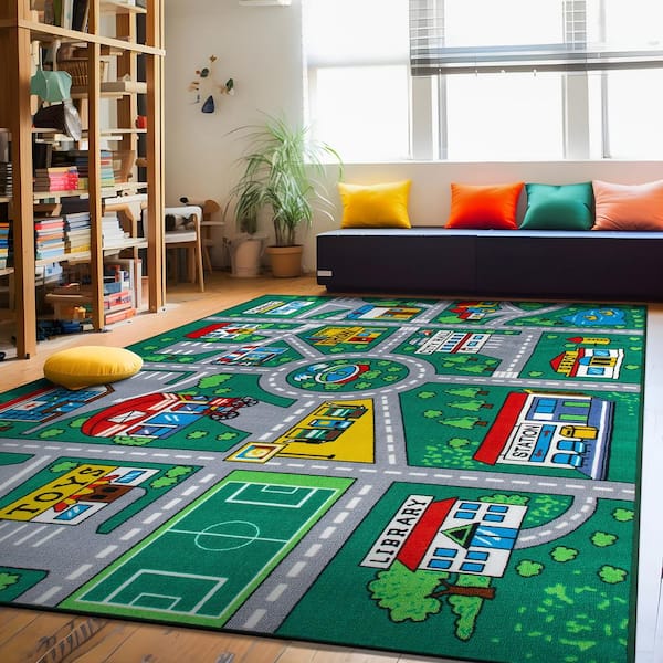 World Rug Gallery Kids Playmat Green 5 ft. x 7 ft. Road Traffic