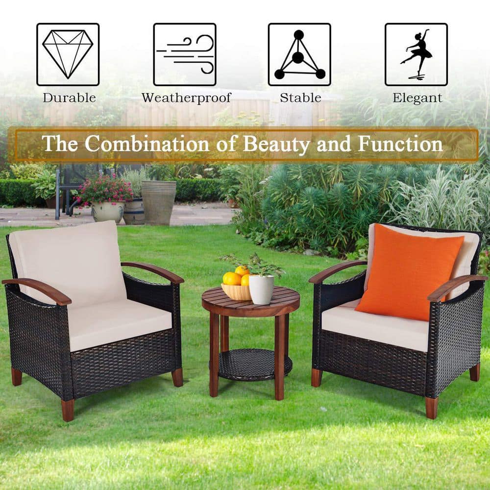 Beige Acacia Wood and Rattan Outdoor Bistro Set