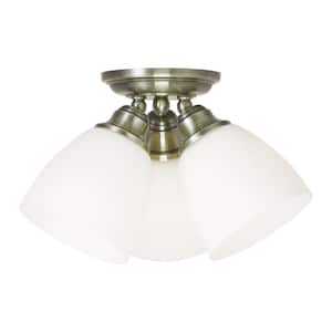 Beaumont 14.25 in. 3-Light Antique Brass Timeless Semi Flush Mount Light w/ Satin Opal White Glass and No Bulbs Included