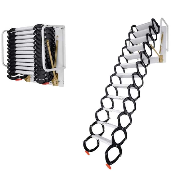 12-Steps Wall-Mounted Attic Ladder with Handrail, Pull Down System, Maximum Load Capacity 880 lbs.