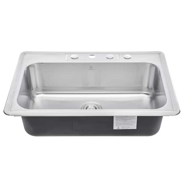 eModernDecor - Topmount Drop-In 18G Stainless Steel 33 in. x 22 in. 4-Faucet Hole Single Bowl Kitchen Sink with Colander and Strainer