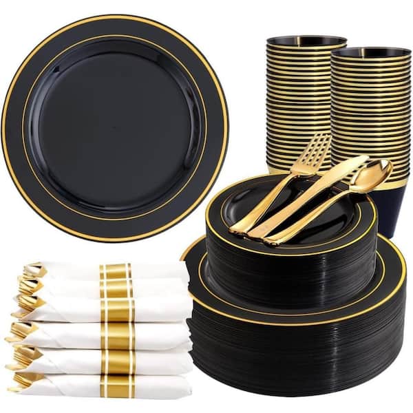 350-Piece Plastic Dinnerware Set for 50 Guests with Plates, Rolled Napkins and Silverware, Disposable, Black and Gold