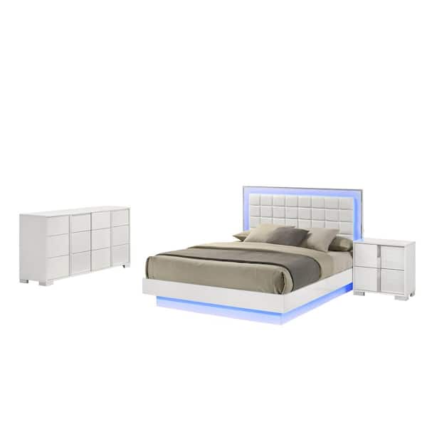 Best Quality Furniture Elma 3-Piece White Lacquer Faux Leather Wood Frame Queen Platform Bedroom Set With LED