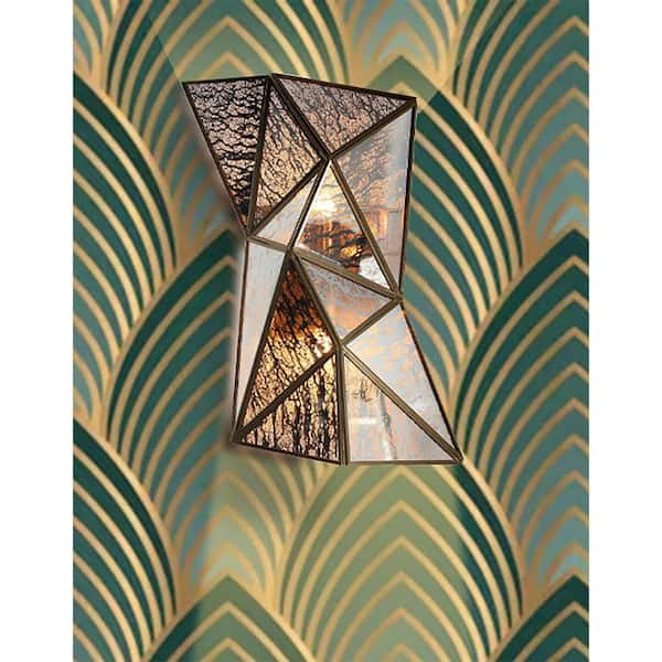 Geo-Gem 9.5 in. 2-Light Artisan Brass Wall Sconce with Mercury Glass Shade