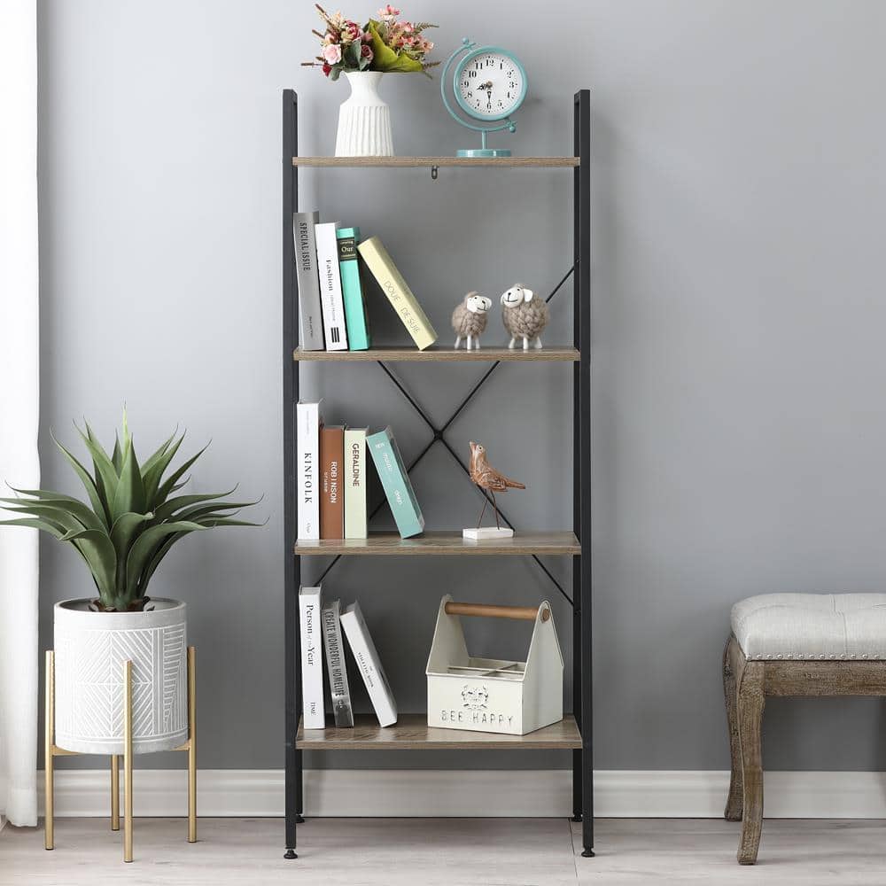 Black Metal and Wood 4-Shelf Ladder Bookcase