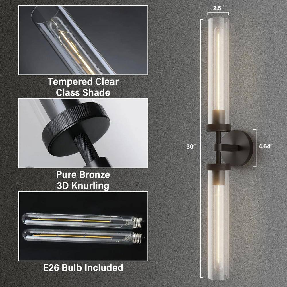 Modern Black 30" Double Glass Tube Wall Sconce