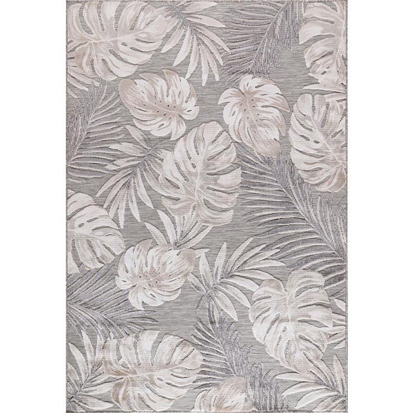 CAMILSON Bloom Beige/Gray 8 ft. x 10 ft. Leaf Tropical Botanical Indoor/Outdoor Area Rug