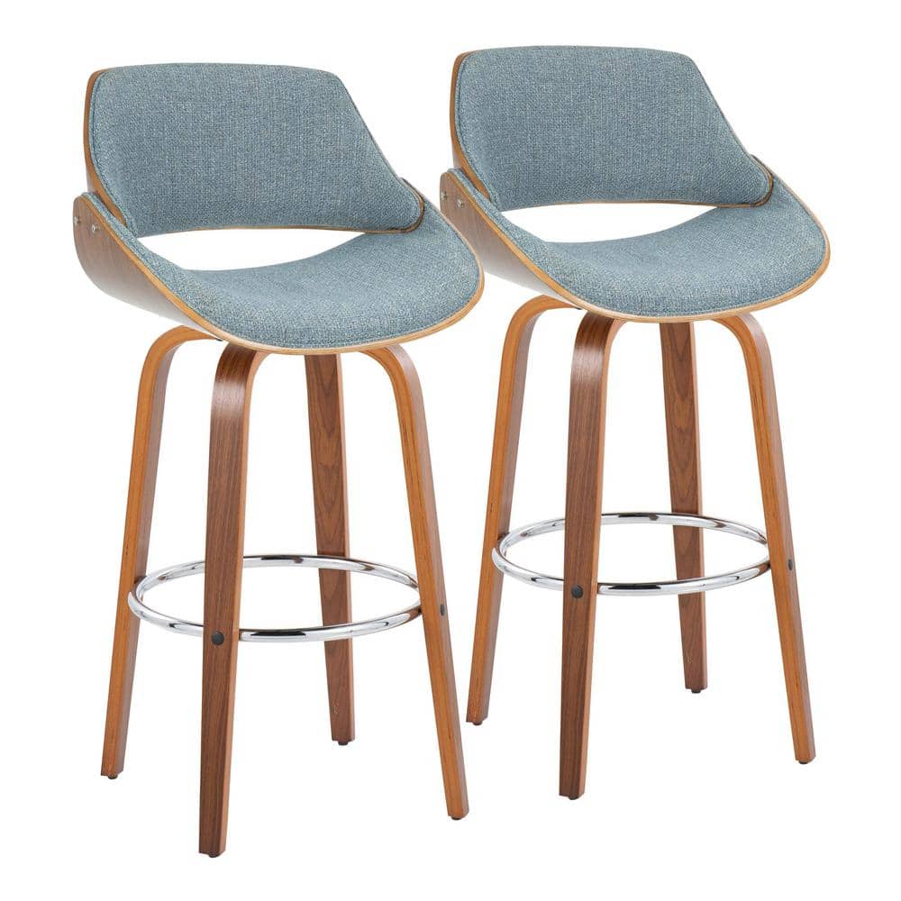 Fabrizzi 29 in. Blue Fabric, Walnut Wood and Chrome Metal Fixed-Height Bar Stool with Round Footrest (Set of 2) -  Lumisource, 37353