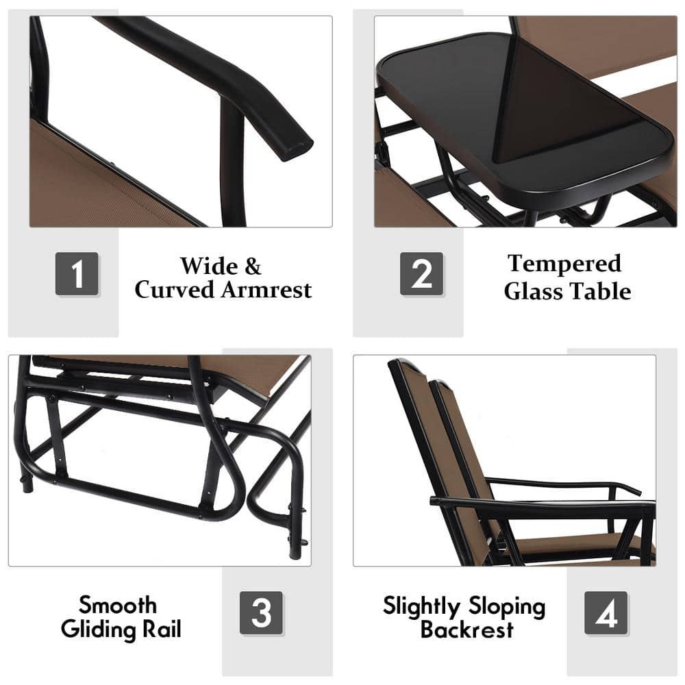 Ergonomic Steel and Glass Outdoor Double Glider Loveseat in Brown