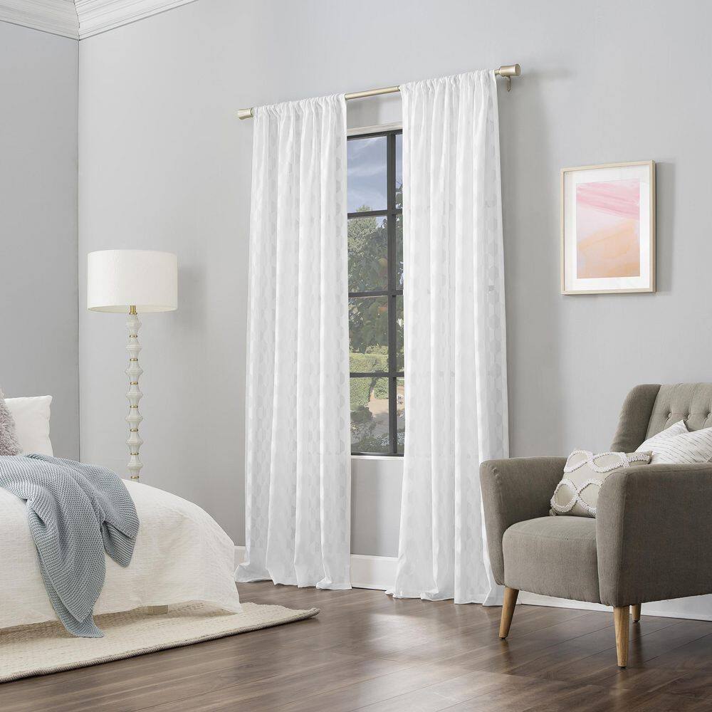 White Geometric Clipped Jacquard Light-Filtering Rod Pocket Curtain Panel