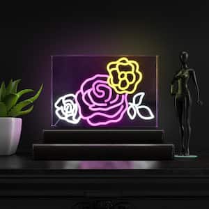 Crowd Of Roses 15 in. x 10.3 in. Contemporary Glam Acrylic Box USB Operated LED Neon Night Light, Pink/White/Yellow