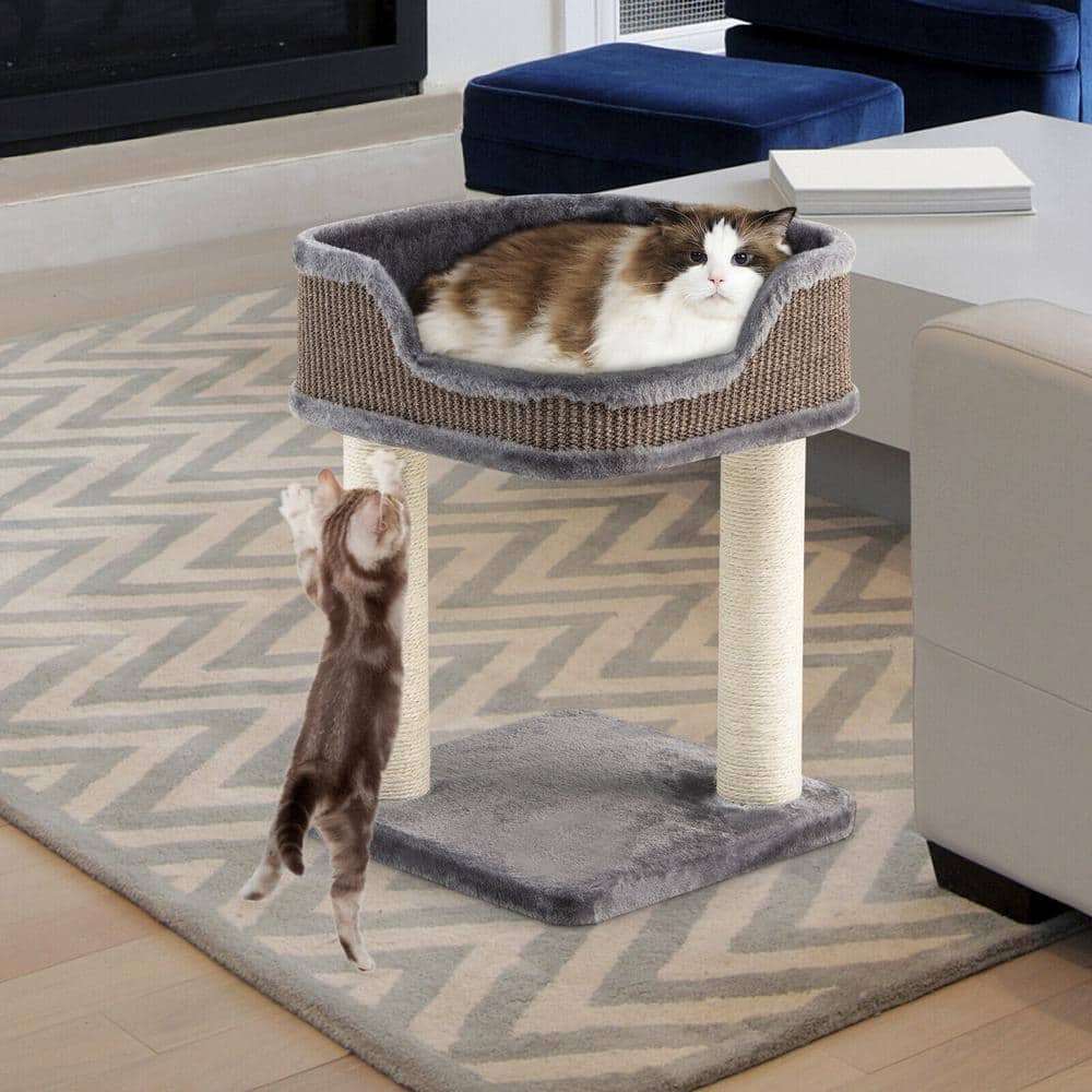 Gray Plush and Sisal Freestanding Cat Tree with Perch