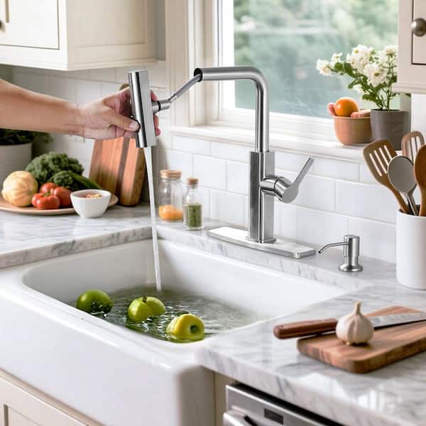 Stainless Steel Single-Handle Pull-Down Sprayer Kitchen Faucet with Soap Dispenser in Brushed Nickel