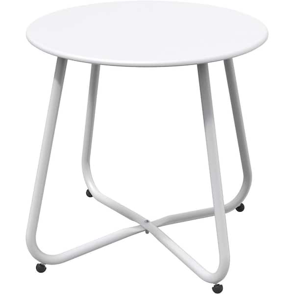 Yangming White Round Steel Patio Outdoor End Table, Weather Resistant Large Outside Side Table for Garden Balcony Yard