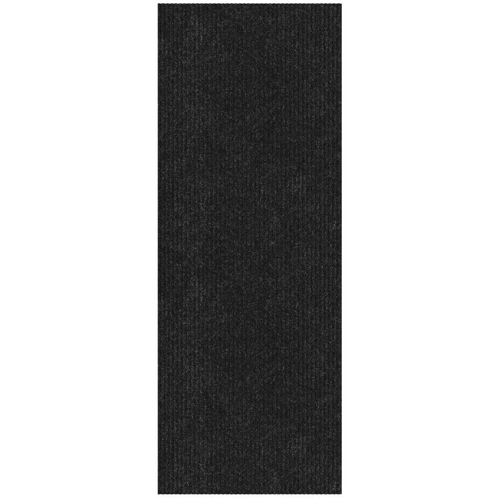 Modern Utility Black Synthetic 31x118 Ribbed Indoor/Outdoor Runner Rug