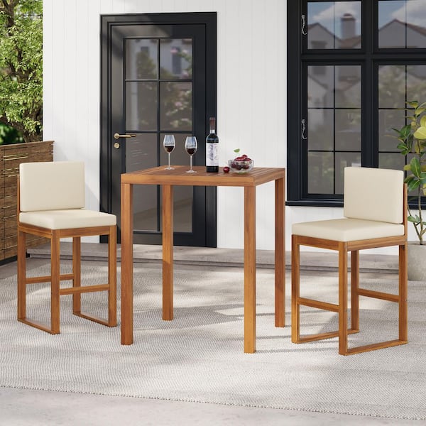 Jenny Patio Teak Finish 3-Piece Solid Wood Square Counter Height Outdoor Bistro Set with Beige Cushions