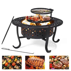 28in. Outdoor Wood Burning Fire Pit w/ 2 Grills and Removable Lid, Large Barbecue Table for Camping, Warming and Picnics