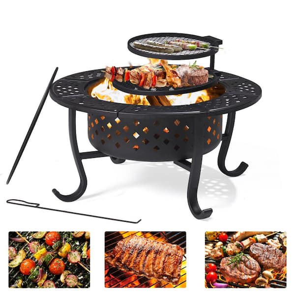 Sizzim Fire Pit, 36 in. Outdoor Wood Burning Fire Pit with 2 Grills, BBQ Large Fire Table for Camping, Heating, Picnics