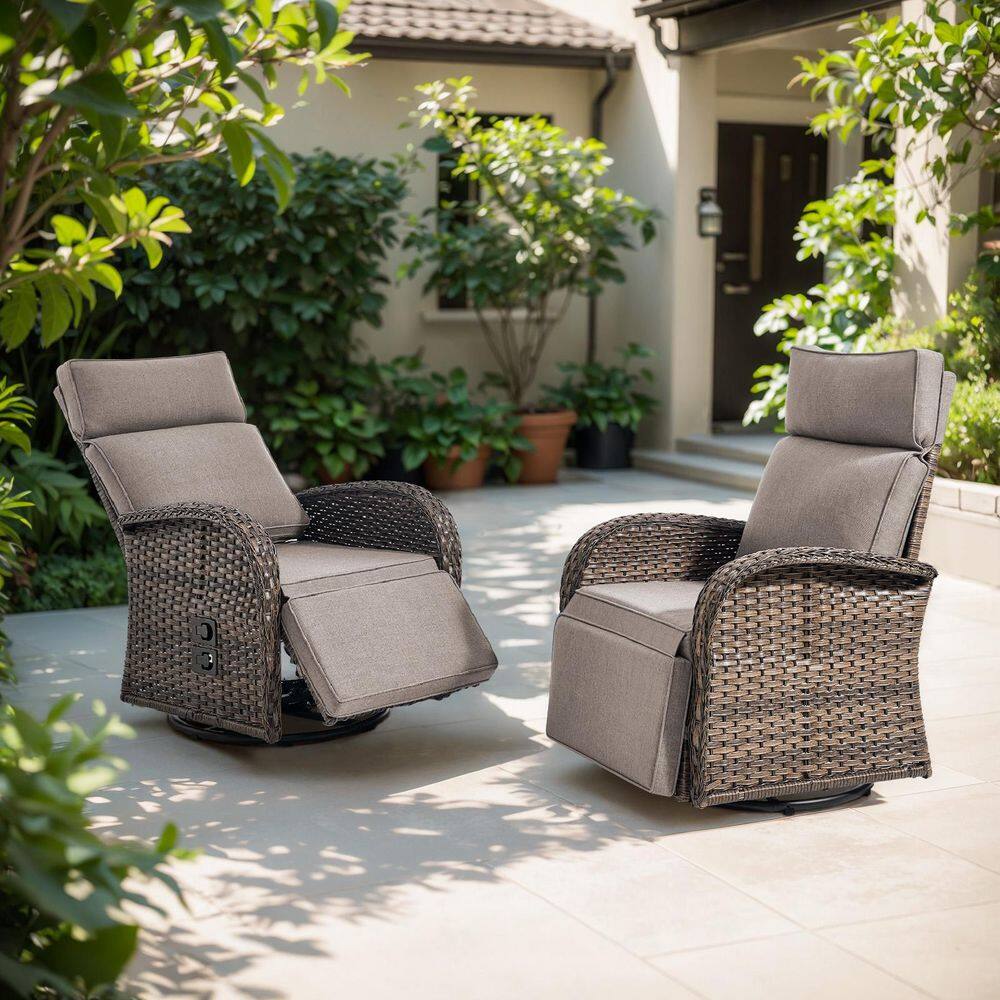 Plain Curve 2-Piece Brown Wicker Outdoor Adjustable Swivel Recliner Chair with Gray Cushions price history on PriceWatchPro