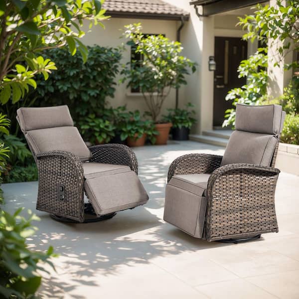 PlainCurve 2-Piece Brown Wicker Outdoor Adjustable Swivel Recliner Chair with Gray Cushions