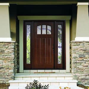 Craftsman 3 Lite Arch Stained Mahogany Wood Prehung Front Door with Sidelites