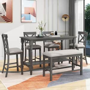 6-Piece Gray Wood Counter Height Dining Table Set with Shelf, 4-Chairs and Bench