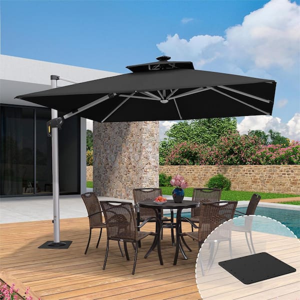 PURPLE LEAF 10 ft. Square Aluminum Solar Powered LED Patio Cantilever Offset Umbrella with Base Plate, Black