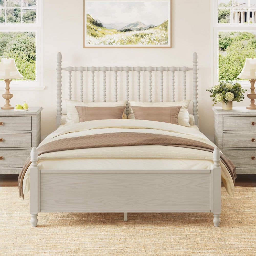 White Solid Wood Frame Queen Size Platform Bed Frame with Spindle Design Headboard, Slat, and Footboard