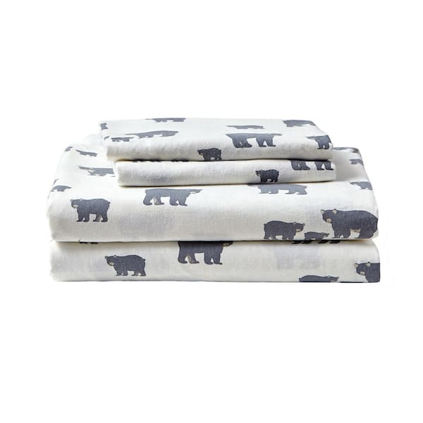 Eddie Bauer Bear Family 4-Piece White and Gray Graphic Flannel Full Sheet Set